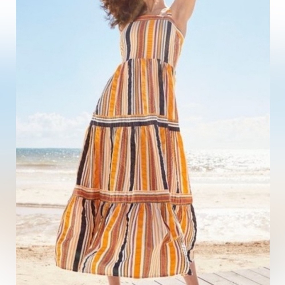LOFT Striped Tiered Maxi Dress Sleeveless Square Neck S 2 Yellow striped. E86